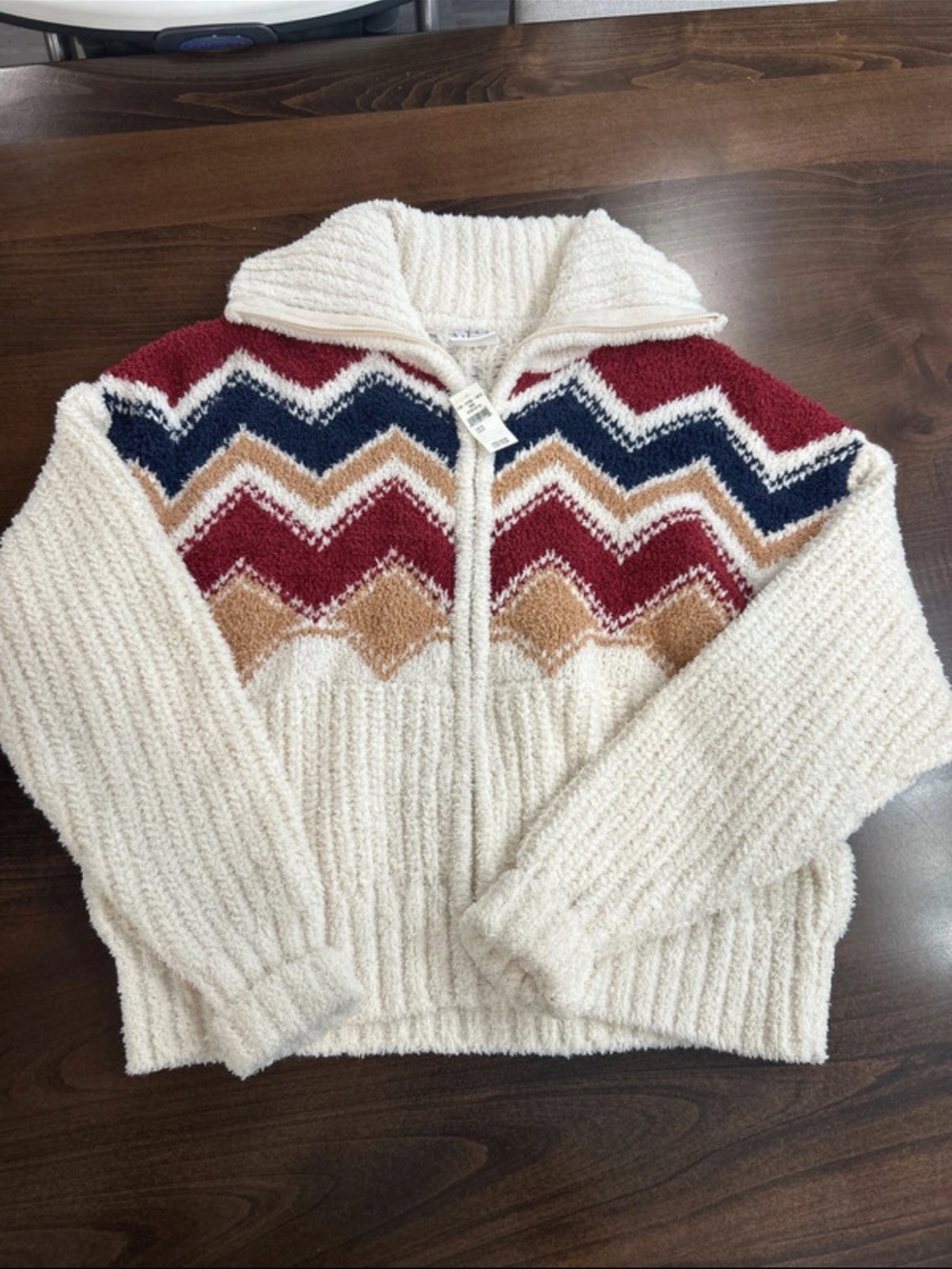 aerie Chevron Zip-Front Sweater Jacket in Cream, Red, Navy & Tan